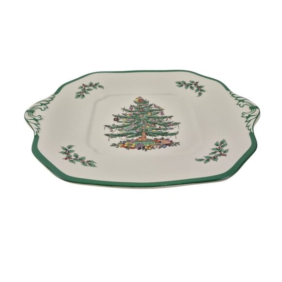 Spode Christmas Tree Handled Cake Plate S3324 V England Green Trim Indent - Picture 9 of 10